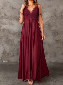 鏤空蕾絲花邊拖地吊帶連衣裙 - 紫紅色 - 查看 1