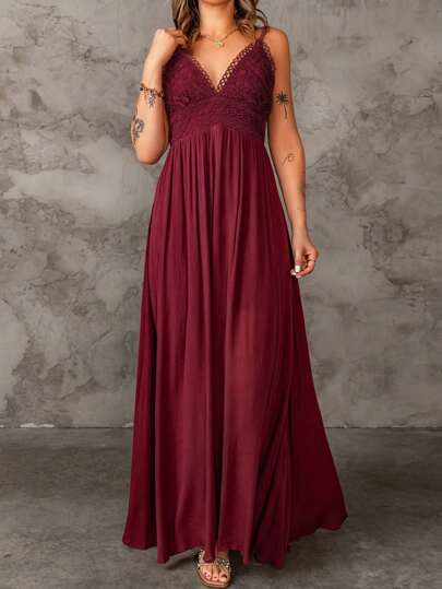 Acelitt 鏤空蕾絲花邊拖地吊帶連衣裙