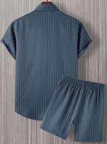 Manfinity Homme Men Striped Shirt & Drawstring Waist Shorts Without Tee - Navy Blue - View 2