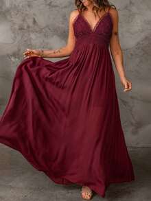 鏤空蕾絲花邊拖地吊帶連衣裙 - 紫紅色 - 查看 3