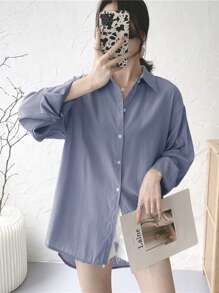 Camisa amplia de hombros caídos unicolor - Neblina azul - Ver 1