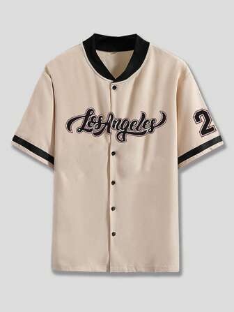 Prep Chemise à col de baseball avec boutons devant, motif lettrage, pour hommes, école