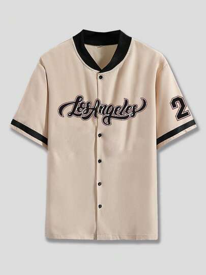 Prep Camicia a bottoni sul collo con scritta, stile baseball, per uomo, adatta per la scuola