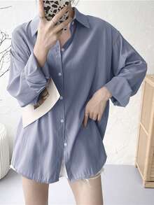 Camisa amplia de hombros caídos unicolor - Neblina azul - Ver 3