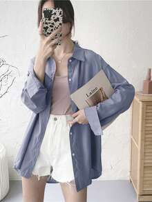 Camisa amplia de hombros caídos unicolor - Neblina azul - Ver 5