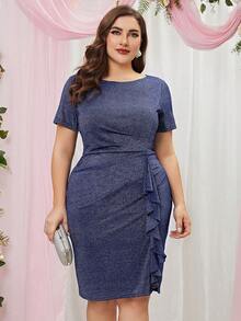 MIUSOL Plus Ruffle Trim Glitter Dress - Navy Blue - View 4