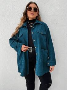 SHEIN LUNE Plus Drop Shoulder Corduroy Coat - Navy Blue - View 4