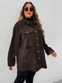 SHEIN LUNE Plus Drop Shoulder Corduroy Coat, For Winter - Chocolate Brown - View 4