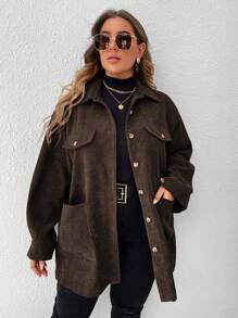 SHEIN LUNE Plus Drop Shoulder Corduroy Coat, For Winter - Chocolate Brown - View 5