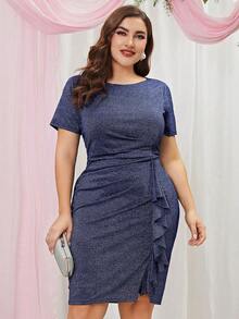 MIUSOL Plus Ruffle Trim Glitter Dress - Navy Blue - View 6