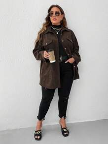 SHEIN LUNE Plus Drop Shoulder Corduroy Coat, For Winter - Chocolate Brown - View 6