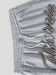 ROMWE MEN Prep Men Letter Graphic Striped Drawstring Basketball Shorts, School - Light Grey - View 3