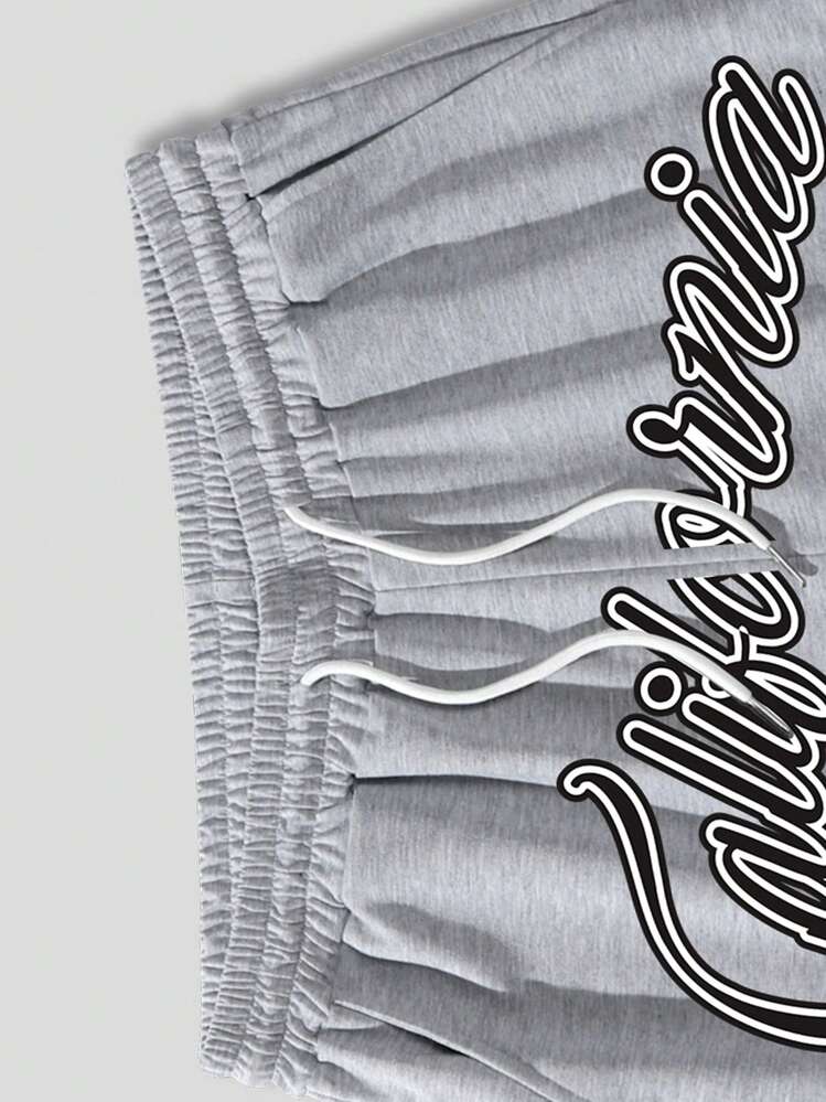 ROMWE MEN Prep Men Letter Graphic Striped Drawstring Basketball Shorts, School - Light Grey - View 3