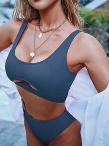 SHEIN Swim Summer Beach Cut Out High Waisted Bikini Set - Dusty Blue - View 3