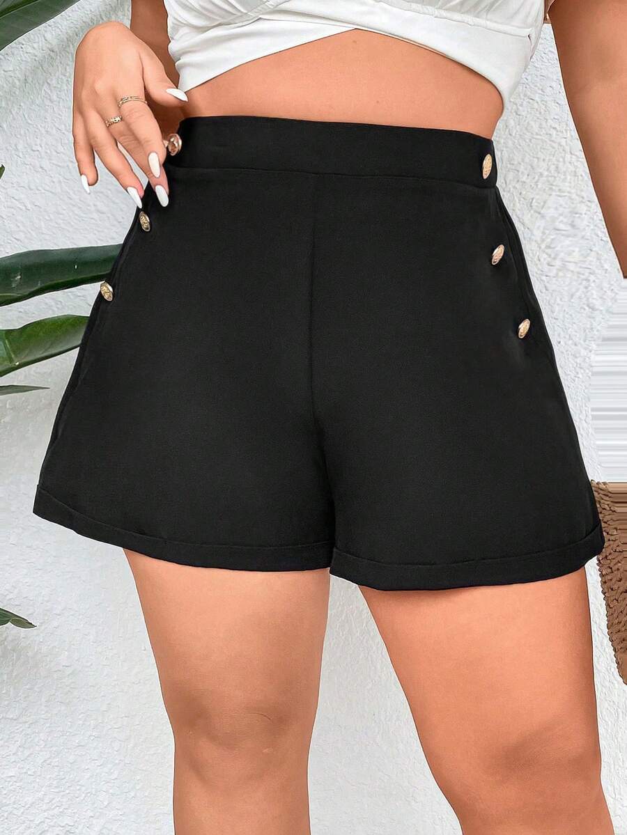 SHEIN Clasi Plus Button Detail Shorts - Black - View 1