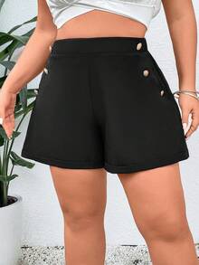 SHEIN Clasi Plus Button Detail Shorts - Black - View 7