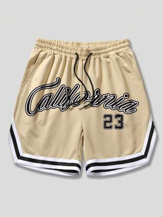 Prep Herren Shorts mit Buchstaben Grafik, gestreifter Borte und Kordelzug Taille, Schule