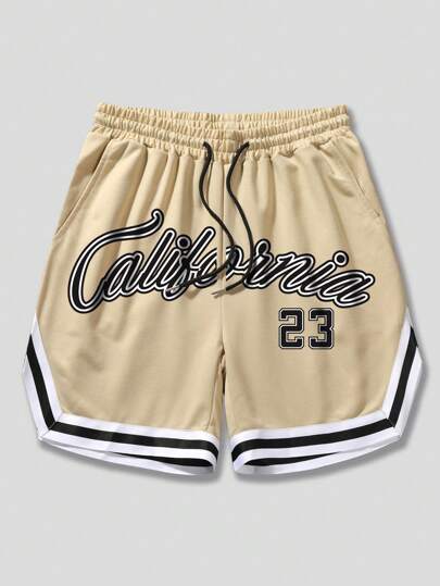 Prep Pantalones cortos con cordón en la cintura, gráfico de letras y ribete a rayas, para hombres, escuela