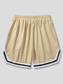 ROMWE MEN Prep Men Letter Graphic Striped Trim Drawstring Waist Shorts, School - Khaki - View 2