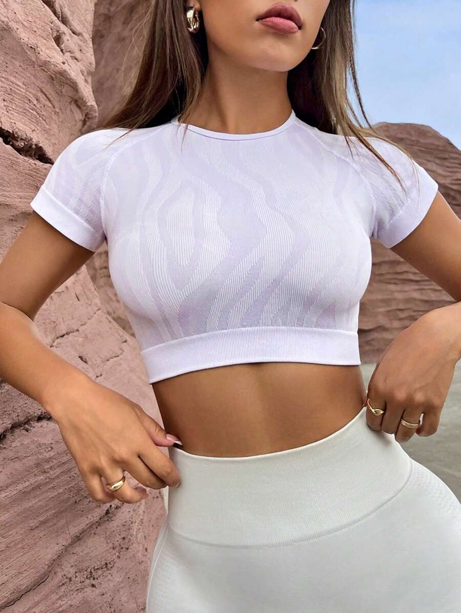 Yoga Trendy Raglan袖剪裁運動短T恤，健身頂部 - 淡紫色 - 查看 1