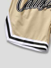 ROMWE MEN Prep Men Letter Graphic Striped Trim Drawstring Waist Shorts, School - Khaki - View 3
