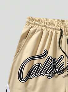 ROMWE MEN Prep Men Letter Graphic Striped Trim Drawstring Waist Shorts, School - Khaki - View 4