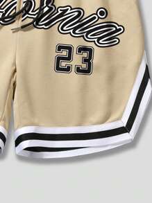 ROMWE MEN Prep Men Letter Graphic Striped Trim Drawstring Waist Shorts, School - Khaki - View 5