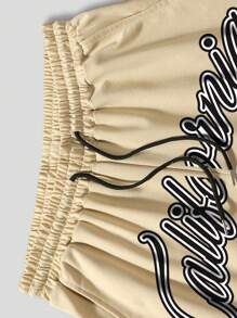 ROMWE MEN Prep Men Letter Graphic Striped Trim Drawstring Waist Shorts, School - Khaki - View 6