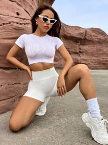 Yoga Trendy Raglan袖剪裁運動短T恤，健身頂部 - 淡紫色 - 查看 6