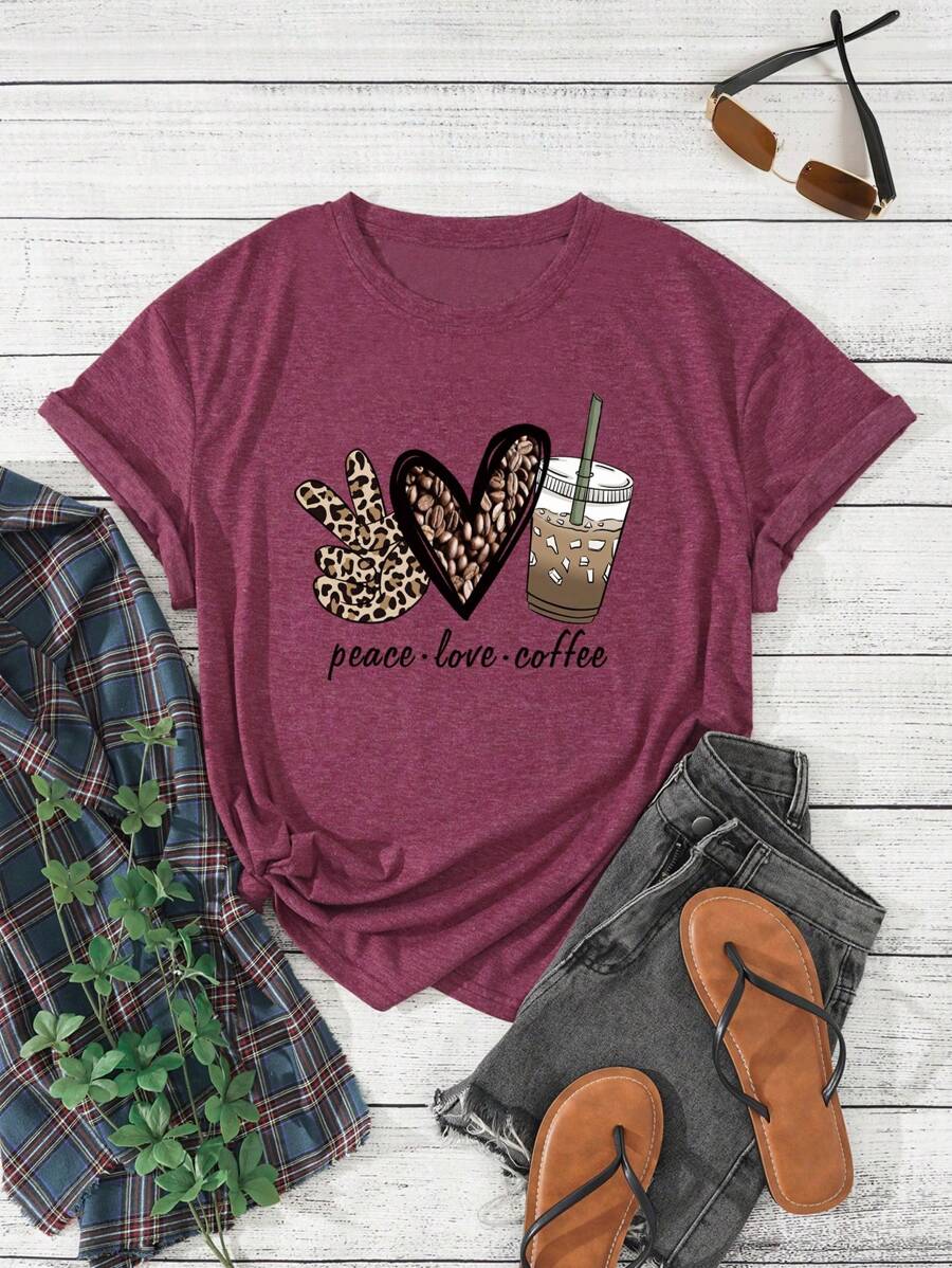 SHEIN EZwear 大碼愛心和字母圖案T恤 - 紫色 - 查看 1