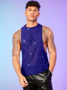 FeverCity Men Sequin Detail Mesh Tank Top - Blue - View 1