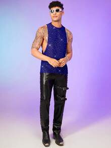 FeverCity Men Sequin Detail Mesh Tank Top - Blue - View 3