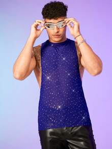 FeverCity Men Sequin Detail Mesh Tank Top - Blue - View 5