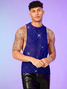 FeverCity Men Sequin Detail Mesh Tank Top - Blue - View 8