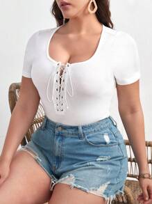SHEIN Essnce Kích thước lớn Của phụ nữ Thời trang giản dị Ngày lễ tình nhân Của phụ nữ Mới Màu hồng Sọc Ngày lễ tình nhân Áo Ngắn tay Ngực Vượt qua Áo thun - trắng - Xem 5