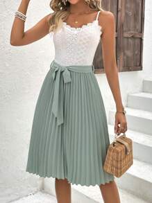 SHEIN Clasi Two Tone Guipure Lace Panel Pleated Hem Belted Cami Dress - Multicolor - View 3