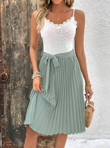 SHEIN Clasi Two Tone Guipure Lace Panel Pleated Hem Belted Cami Dress - Multicolor - View 1