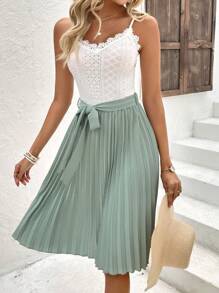 SHEIN Clasi Two Tone Guipure Lace Panel Pleated Hem Belted Cami Dress - Multicolor - View 5