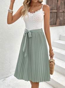 SHEIN Clasi Two Tone Guipure Lace Panel Pleated Hem Belted Cami Dress - Multicolor - View 6