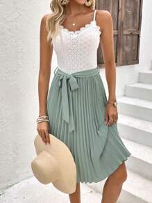 SHEIN Clasi Two Tone Guipure Lace Panel Pleated Hem Belted Cami Dress - Multicolor - View 4