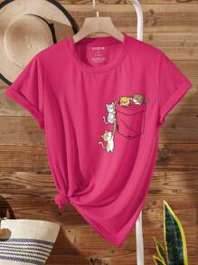 INAWLY Cartoon Graphic Tee - Hot Pink - View 1