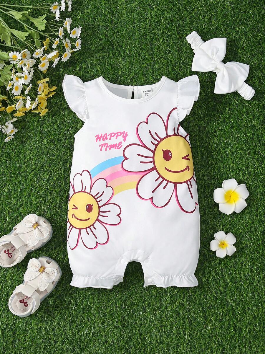 SHEIN Baby Cartoon & Letter Graphic Ruffle Trim Romper & Headband