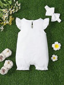 SHEIN Baby Cartoon & Letter Graphic Ruffle Trim Romper & Headband