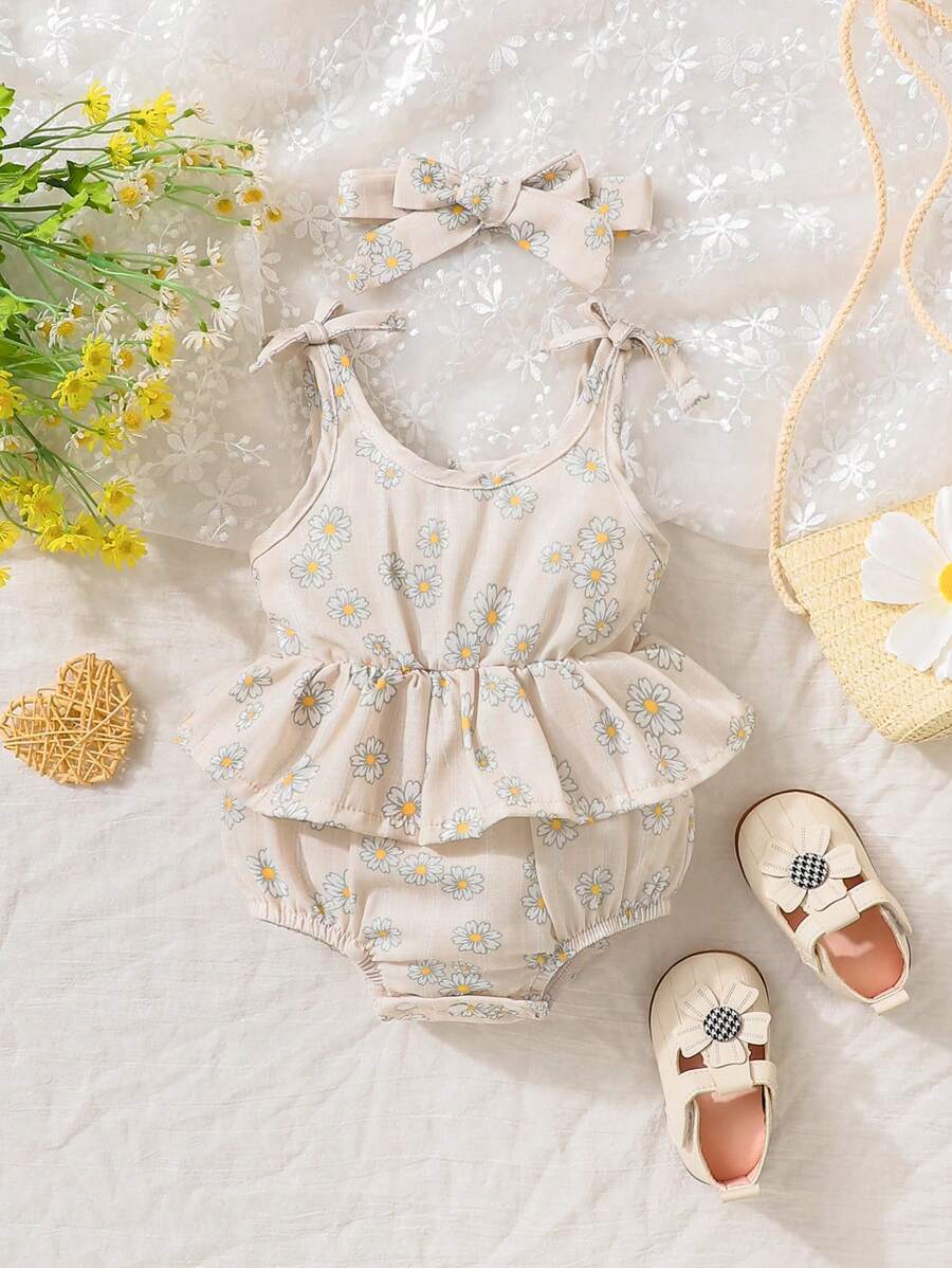 SHEIN Bodysuits Em bé Thắt nút Xù Hoa Tất cả trên in - Màu be - Xem 1