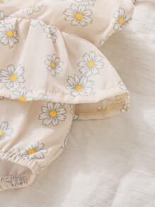 SHEIN Bodysuits Em bé Thắt nút Xù Hoa Tất cả trên in - Màu be - Xem 4