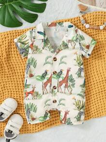 Baby Boy Animal & Tropical Print Button Front Shirt Romper - Apricot - View 1