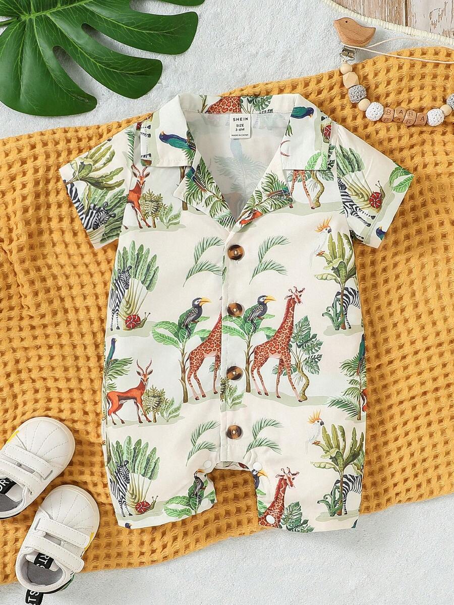 Baby Boy Animal & Tropical Print Button Front Shirt Romper - Apricot - View 1