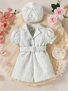 嬰兒提花泡泡袖腰帶襯衫連體短褲和帽