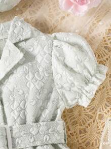 嬰兒提花泡泡袖腰帶襯衫連體短褲和帽