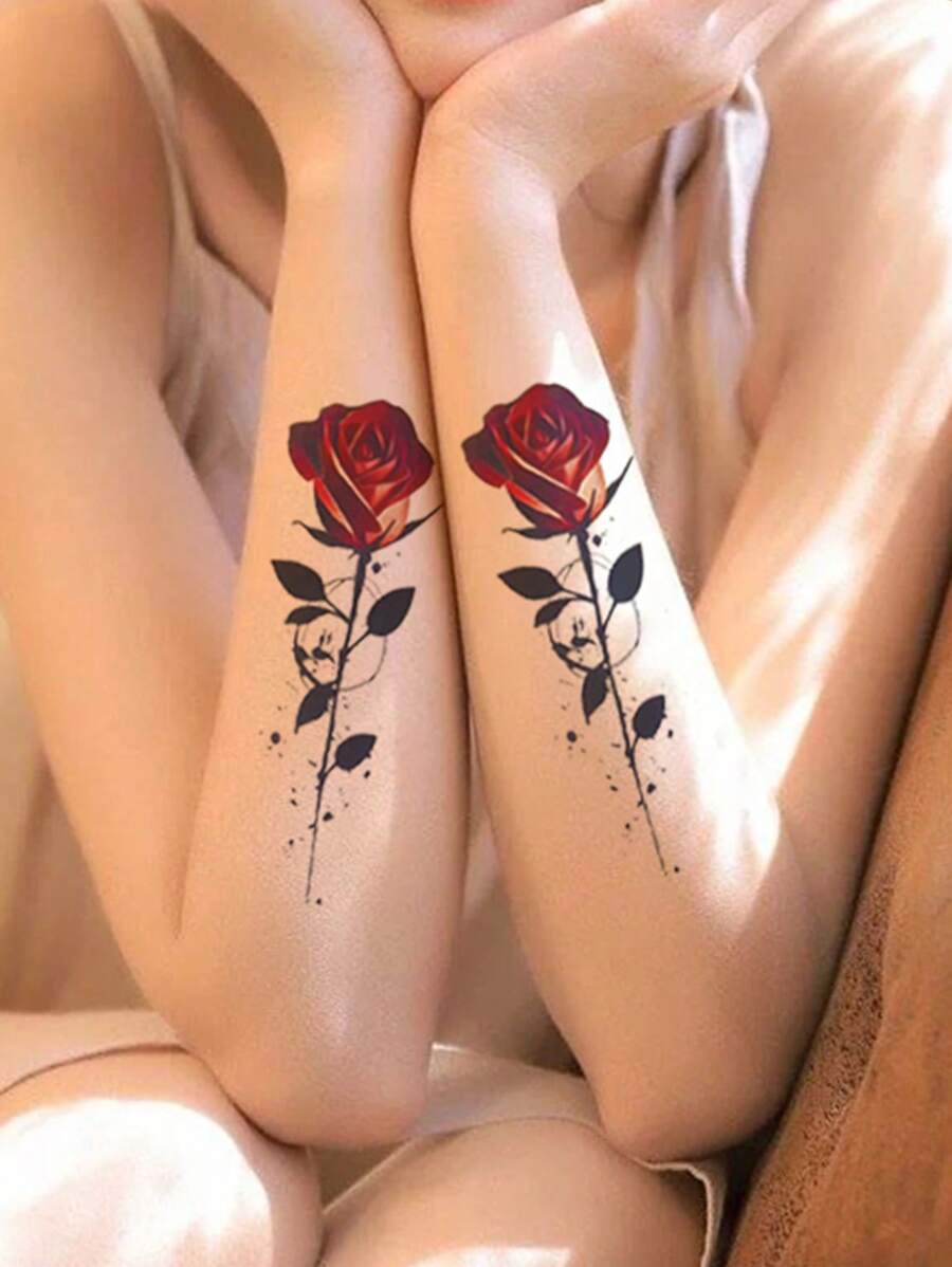 1 件全新到貨性感玫瑰枝葉圖案防水持久男女臨時紋身貼紙,半袖 - 彩色 - 查看 1